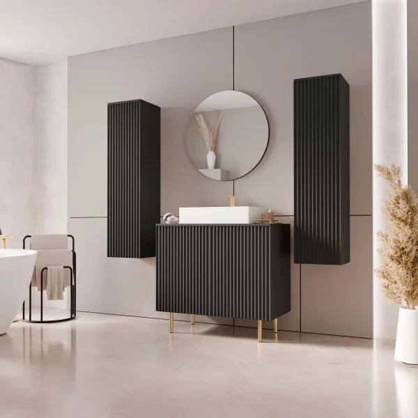 Mobile bagno a terra cannettato 87 cm con 2 colonne sospese e specchio nero Nuria