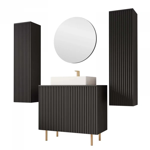 Mobile bagno a terra cannettato 87 cm con 2 colonne sospese e specchio nero Nuria