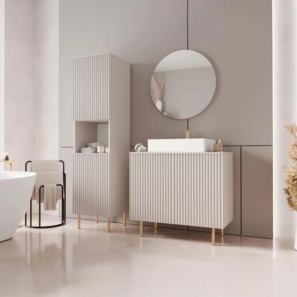 Mobile bagno a terra cannettato 87 cm con colonna a 2 ante e specchio beige cashmere Nuria