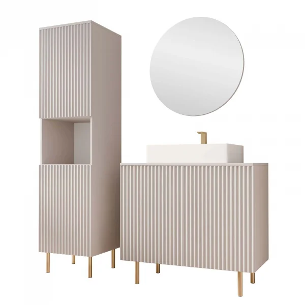 Mobile bagno a terra cannettato 87 cm con colonna a 2 ante e specchio beige cashmere Nuria