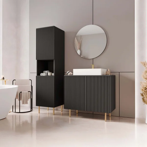 Mobile bagno a terra cannettato 87 cm con colonna a 2 ante e specchio nero Nuria
