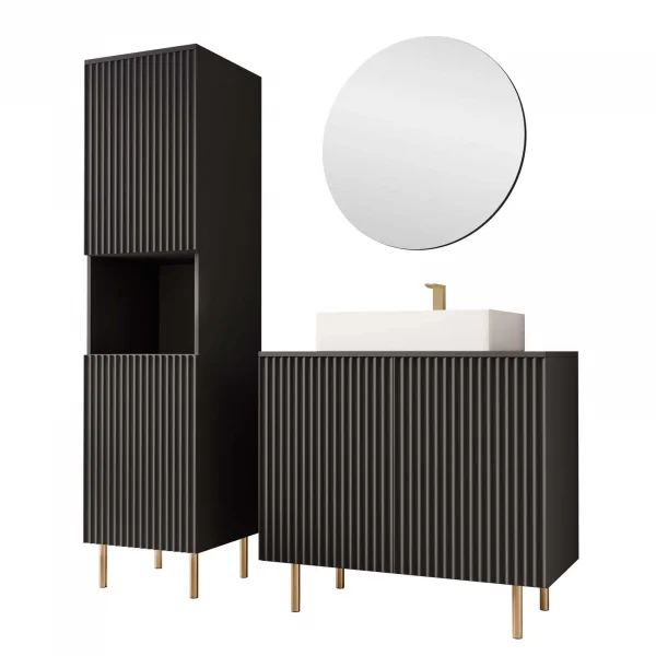 Mobile bagno a terra cannettato 87 cm con colonna a 2 ante e specchio nero Nuria