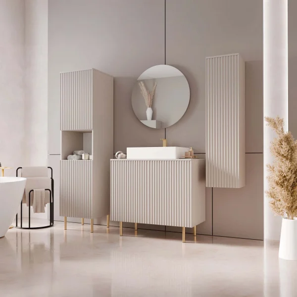 Mobile bagno a terra cannettato 87 cm con colonna sospesa e a terra, specchio beige cashmere Nuria