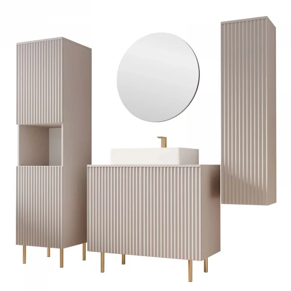 Mobile bagno a terra cannettato 87 cm con colonna sospesa e a terra, specchio beige cashmere Nuria