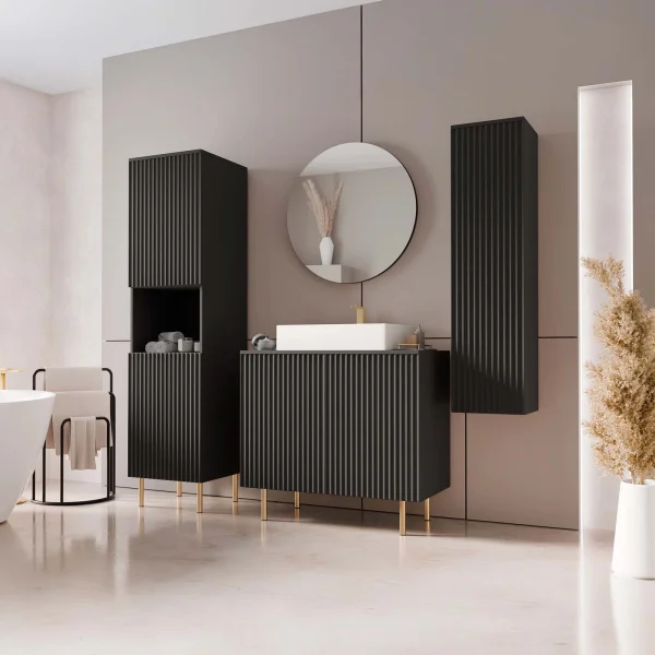 Mobile bagno a terra cannettato 87 cm con colonna sospesa e a terra, specchio nero Nuria