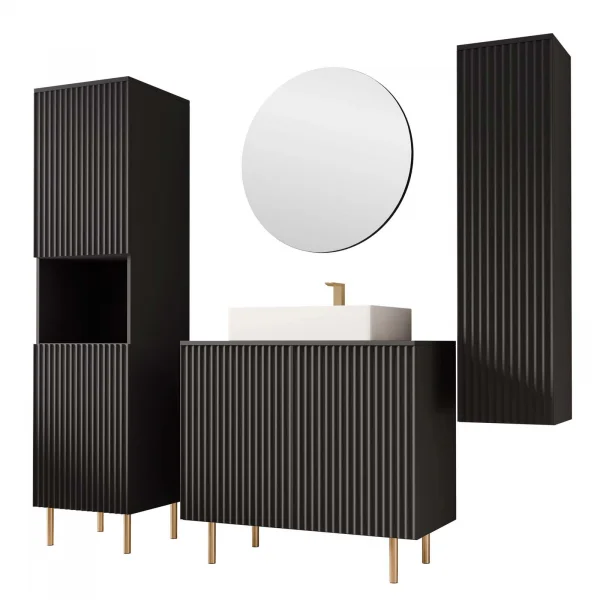 Mobile bagno a terra cannettato 87 cm con colonna sospesa e a terra, specchio nero Nuria