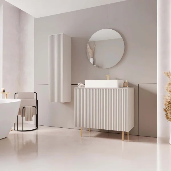 Mobile bagno a terra cannettato 87 cm con colonna sospesa e specchio beige cashmere Nuria