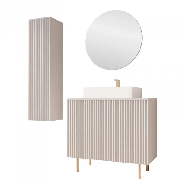 Mobile bagno a terra cannettato 87 cm con colonna sospesa e specchio beige cashmere Nuria