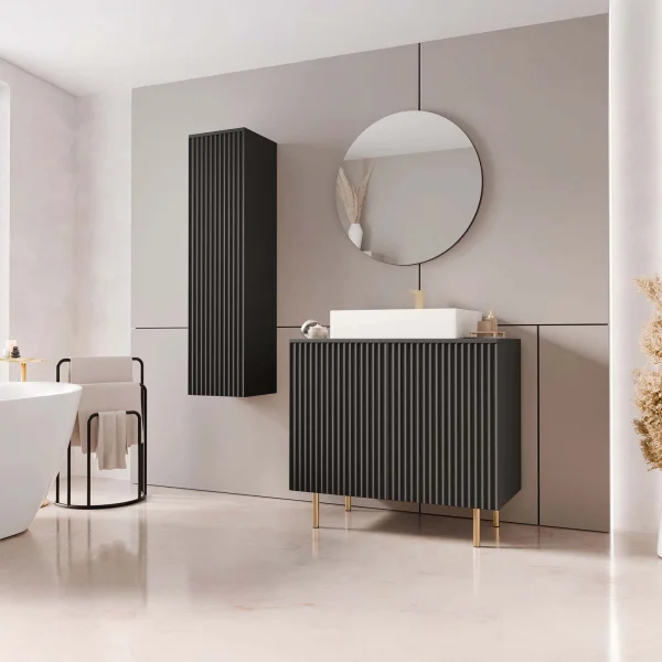 Mobile bagno a terra cannettato 87 cm con colonna sospesa e specchio nero Nuria