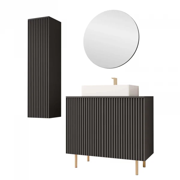 Mobile bagno a terra cannettato 87 cm con colonna sospesa e specchio nero Nuria