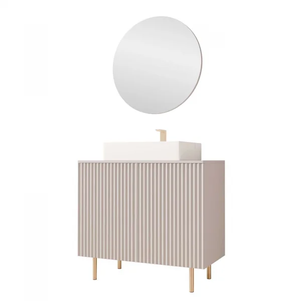 Mobile bagno a terra cannettato 87 cm con specchio 2 ante beige cashmere Nuria