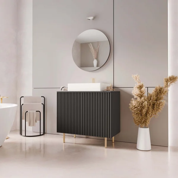 Mobile bagno a terra cannettato 87 cm con specchio 2 ante nero Nuria