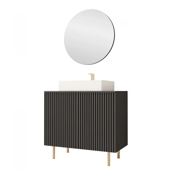 Mobile bagno a terra cannettato 87 cm con specchio 2 ante nero Nuria