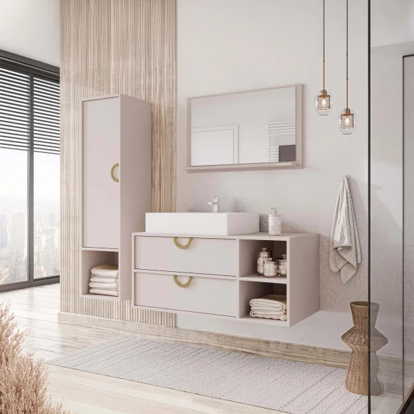Mobile bagno sospeso 100 cm 2 cassetti con specchio e colonna beige cashmere Mirea