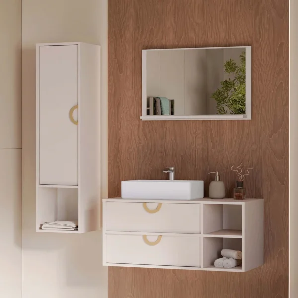 Mobile bagno sospeso 100 cm 2 cassetti con specchio e colonna beige cashmere Mirea