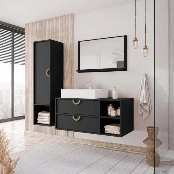 Mobile bagno sospeso 100 cm 2 cassetti con specchio e colonna nero Mirea