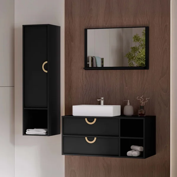 Mobile bagno sospeso 100 cm 2 cassetti con specchio e colonna nero Mirea