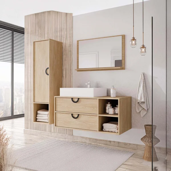 Mobile bagno sospeso 100 cm 2 cassetti con specchio e colonna rovere Mirea