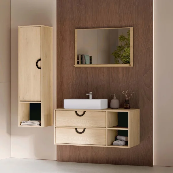 Mobile bagno sospeso 100 cm 2 cassetti con specchio e colonna rovere Mirea