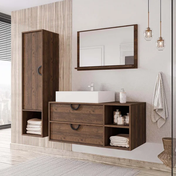 Mobile bagno sospeso 100 cm 2 cassetti con specchio e colonna rovere scuro Mirea
