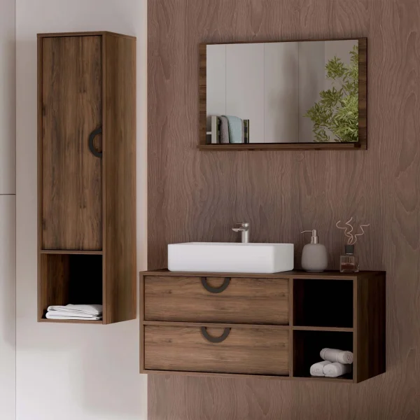 Mobile bagno sospeso 100 cm 2 cassetti con specchio e colonna rovere scuro Mirea