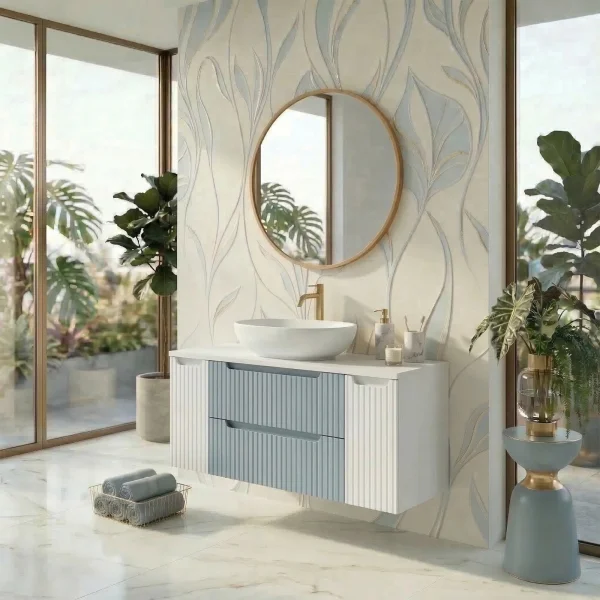 Mobile bagno sospeso 100cm cannettato 2 cassetti azzurro bianco Celestiale