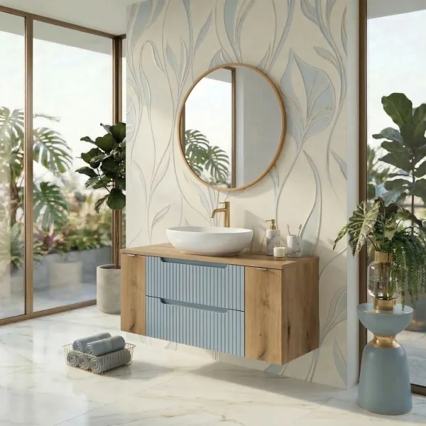 Mobile bagno sospeso 100cm cannettato 2 cassetti azzurro rovere Celestiale