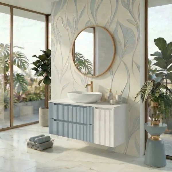 Mobile bagno sospeso 100cm cannettato con cesto portabiancheria azzurro bianco Celestiale
