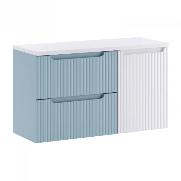Mobile bagno sospeso 100cm cannettato con cesto portabiancheria azzurro bianco Celestiale