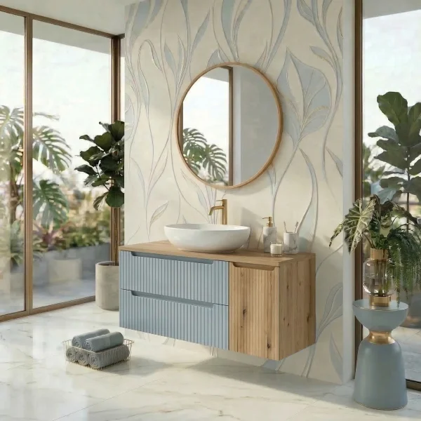 Mobile bagno sospeso 100cm cannettato con cesto portabiancheria azzurro rovere Celestiale