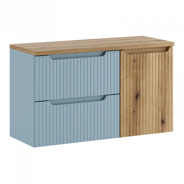 Mobile bagno sospeso 100cm cannettato con cesto portabiancheria azzurro rovere Celestiale