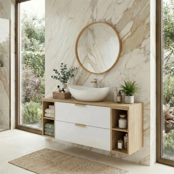 Mobile bagno sospeso 120cm 2 cassetti e vani bianco rovere Speranza