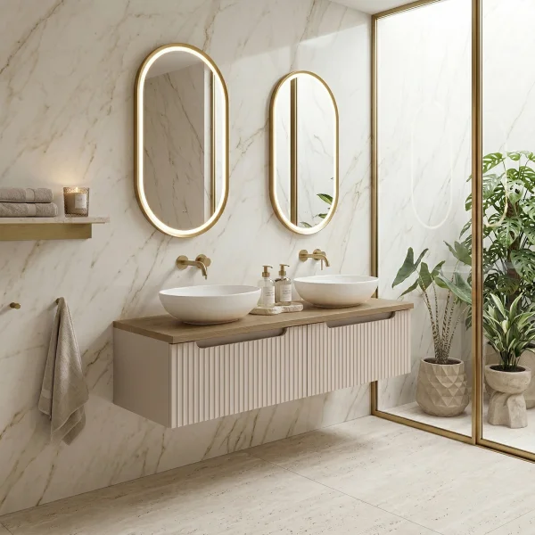 Mobile bagno sospeso 120cm cannettato 2 cassetti beige rovere Cleany