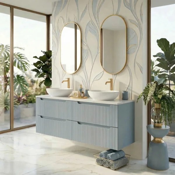 Mobile bagno sospeso 120cm cannettato 4 cassetti azzurro bianco Celestiale