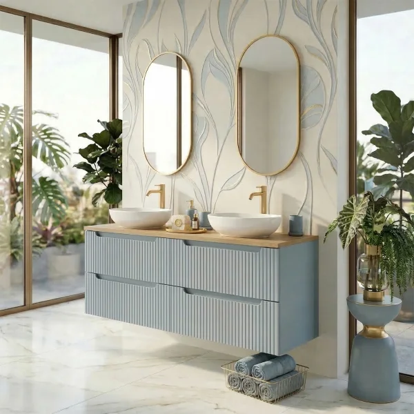 Mobile bagno sospeso 120cm cannettato 4 cassetti azzurro rovere Celestiale