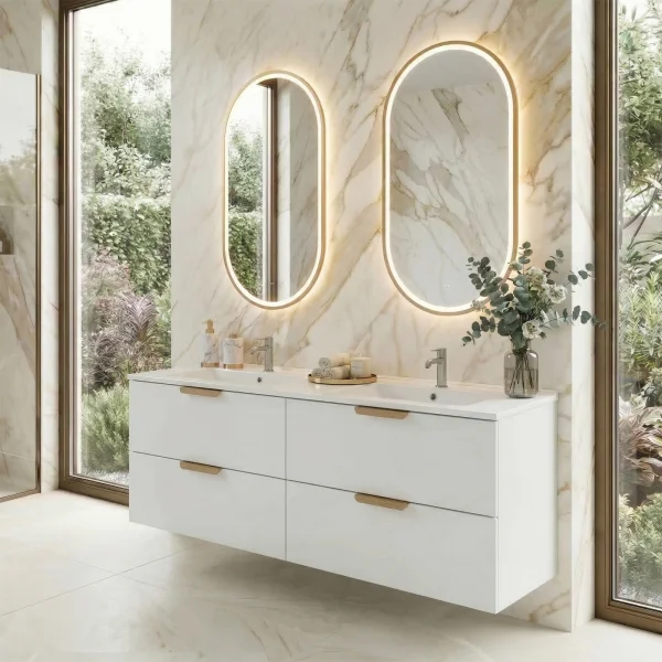 Mobile bagno sospeso 120cm con doppio lavabo 4 cassetti bianco Speranza
