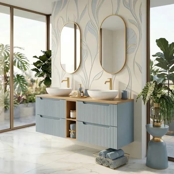 Mobile bagno sospeso 140cm cannettato con vani azzurro rovere Celestiale