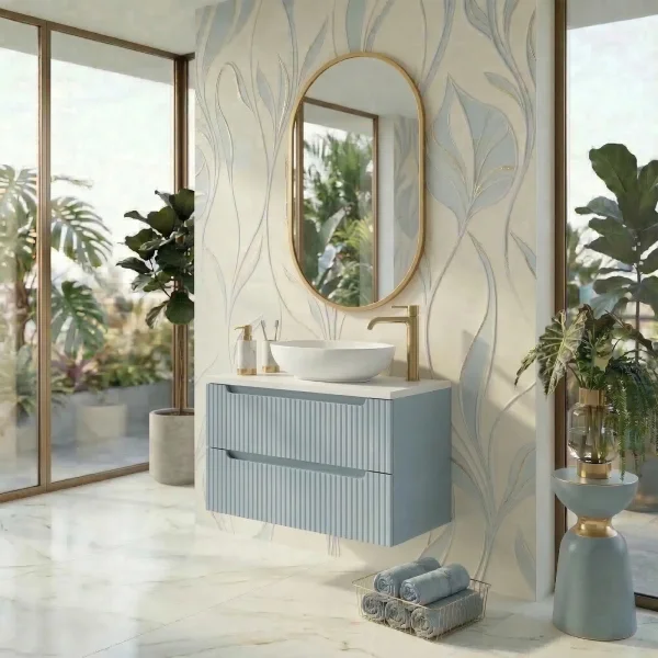 Mobile bagno sospeso 60cm cannettato 2 cassetti azzurro bianco Celestiale
