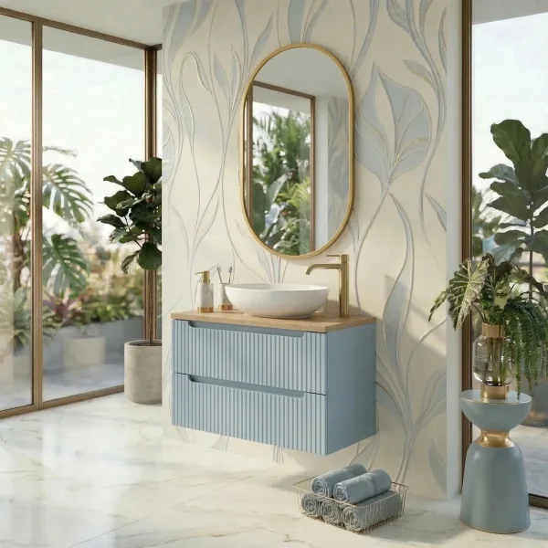 Mobile bagno sospeso 60cm cannettato 2 cassetti azzurro rovere Celestiale