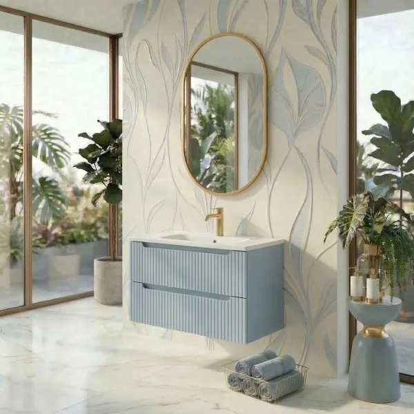 Mobile bagno sospeso 60cm cannettato con lavabo azzurro Celestiale