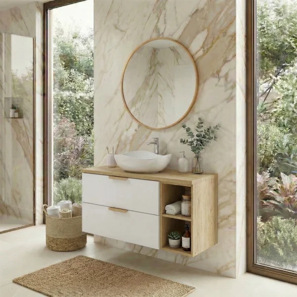 Mobile bagno sospeso 80cm 2 cassetti e vani bianco rovere Speranza