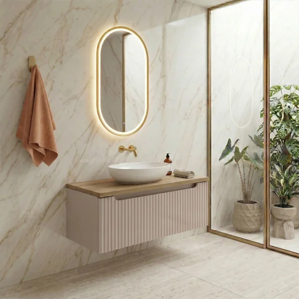 Mobile bagno sospeso 80cm cannettato 1 cassetto beige rovere Cleany