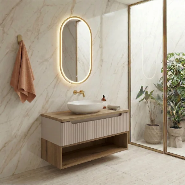 Mobile bagno sospeso 80cm cannettato 1 cassetto e vano beige rovere Cleany