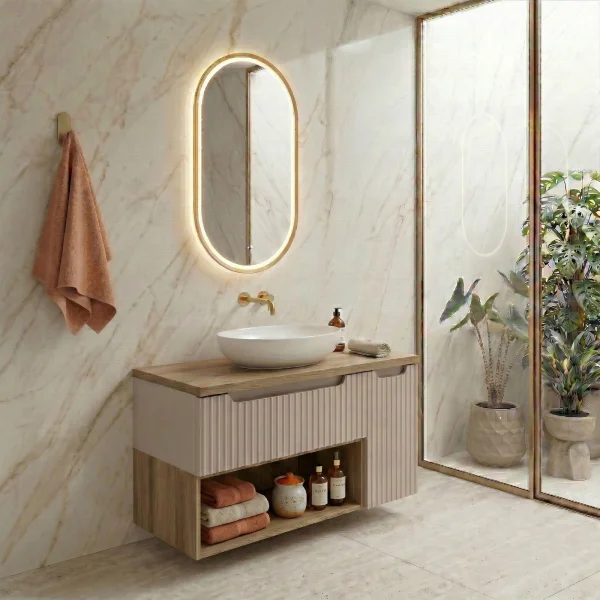 Mobile bagno sospeso 80cm cannettato con cassetto anta e vano beige rovere Cleany