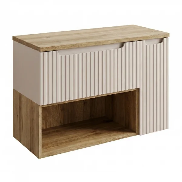 Mobile bagno sospeso 80cm cannettato con cassetto anta e vano beige rovere Cleany