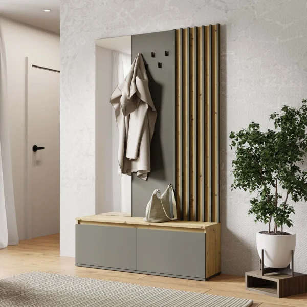Mobile ingresso 120x202h cm con specchio, appendiabiti e scarpiera cannettato antracite rovere Zante