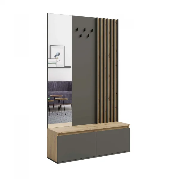 Mobile ingresso 120x202h cm con specchio, appendiabiti e scarpiera cannettato antracite rovere Zante