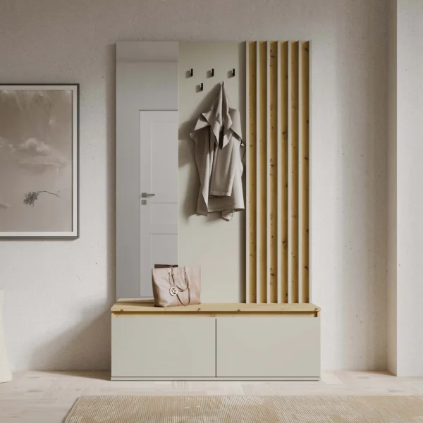 Mobile ingresso 120x202h cm con specchio, appendiabiti e scarpiera cannettato beige cashmere rovere Zante