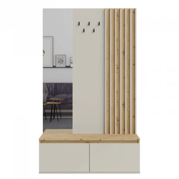 Mobile ingresso 120x202h cm con specchio, appendiabiti e scarpiera cannettato beige cashmere rovere Zante