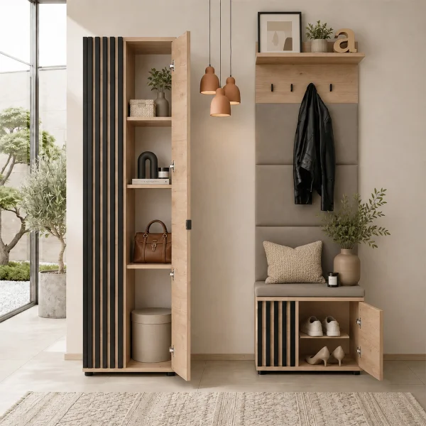 Mobile ingresso 150x202h cm con appendiabiti cannettatto rovere nero Berlino